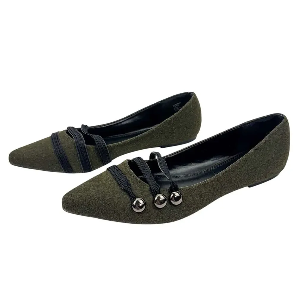 Rampage Safari Green Wool Strappy Button Pointed Toe Flats Sz 8.5 Comfort Trendy